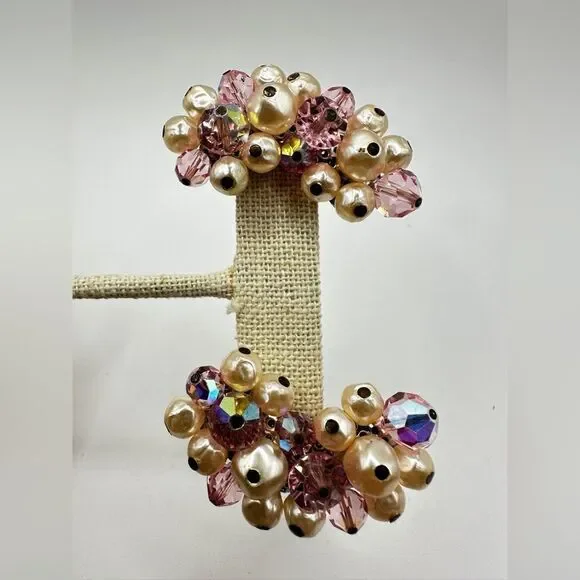 Vintage Laguna Pink Aurora Borealis crystal and Faux Pearl clip on earrings!